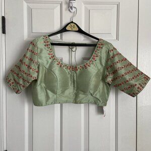 NWT Light Mint Green Slub Silk Hand Embroidered Saree Blouse Top